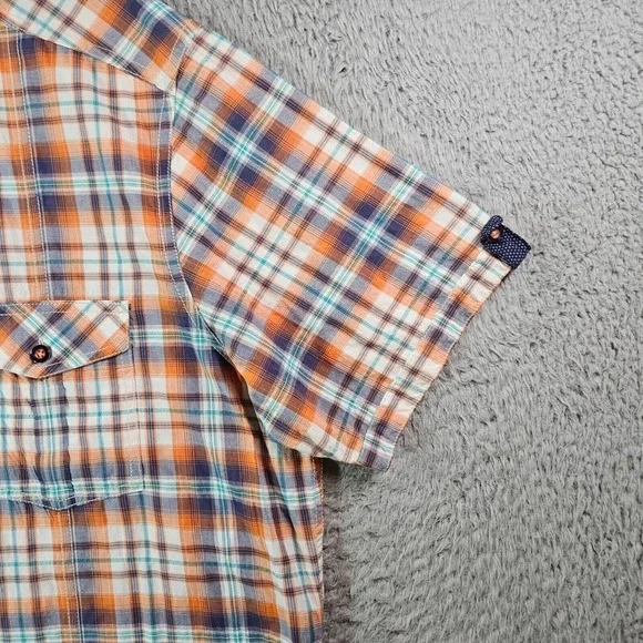 Johnston & Murphy Shirt Men Large Short Sleeve‎ Orange Green Blue Plaid - Picture 3 of 11